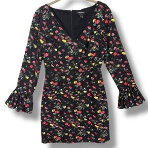 Club Monaco Black Floral Ruffle Bell Sleeve V-Neck Mini Dress Size 0